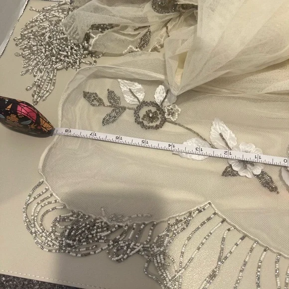 Vintage Floral Embroidered Beaded Sheer Scarf - Cream